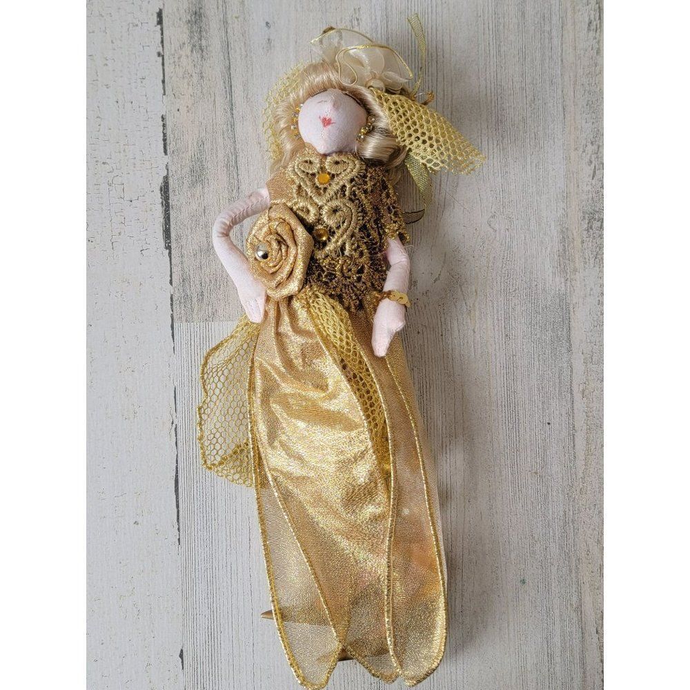 Golden fancy dress woman beaded dangling feet ornament Xmas decor